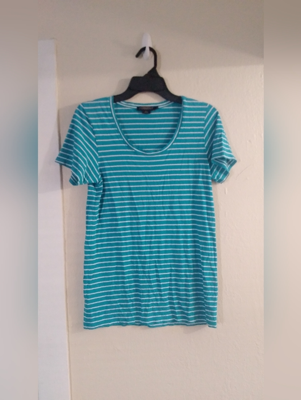 Pendleton Shirt Top Scoop Neck Teal White Striped Short Sleeve Tee Med Cotton